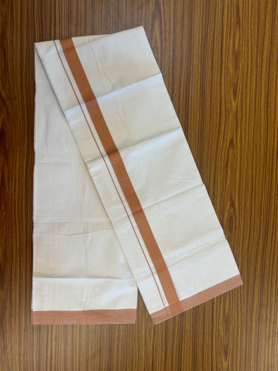 Single Off white - Kaitharikada 100% Cotton 40s Thread Mundu / Dothi - 1 inch Brown Kara (2 meters / 4 mulam) - 30 KK5298 SKM