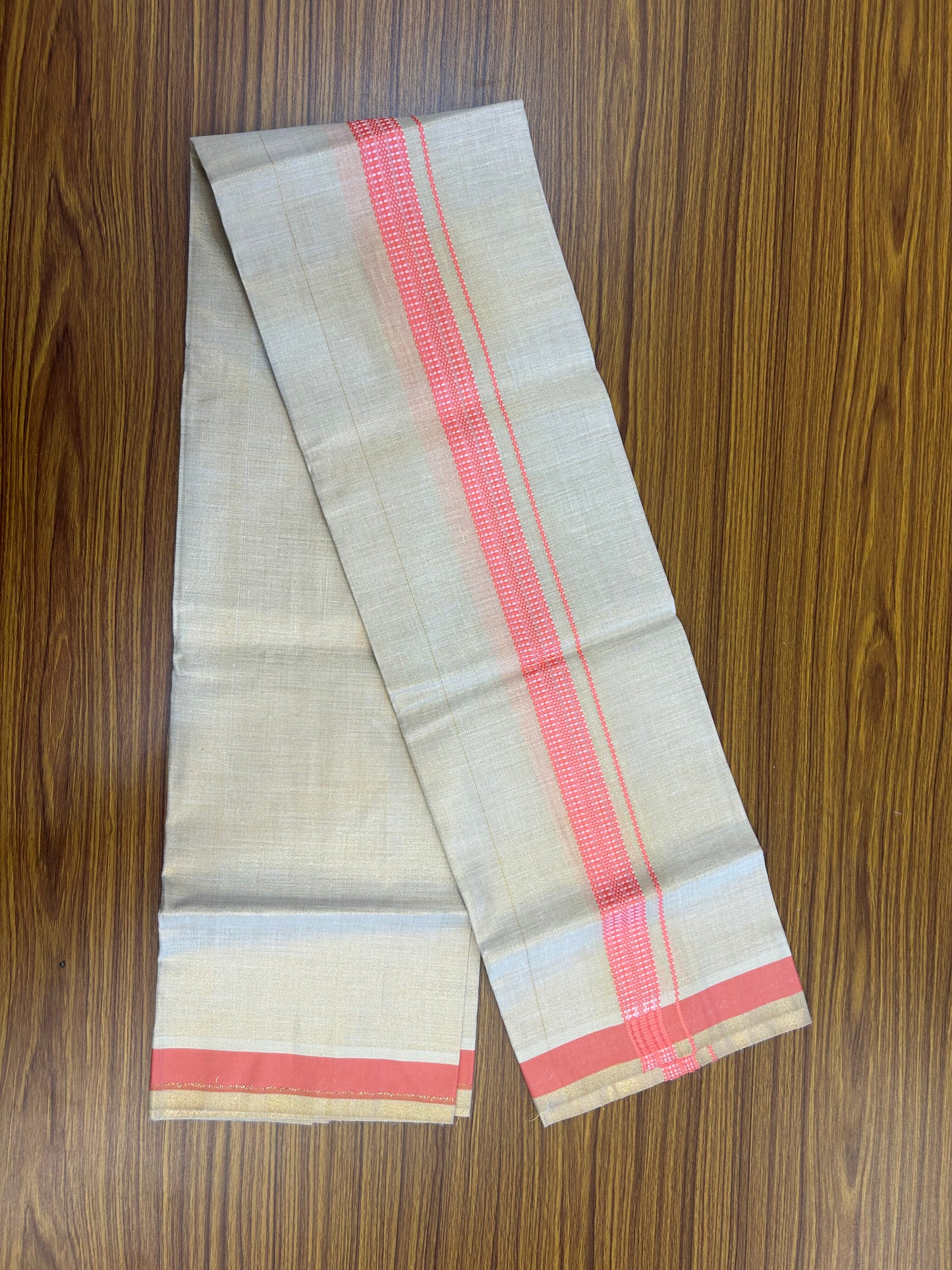 Single Tissue - KaithariKada Balaramapuram Tissue Single Dhoti/Mund Mixed Cotton - 70x30 - 1.25 inch Light Gold Kasav & Pink Stripes Kara (2 meter / 4 muzham)  - 210 KK5361 PMC