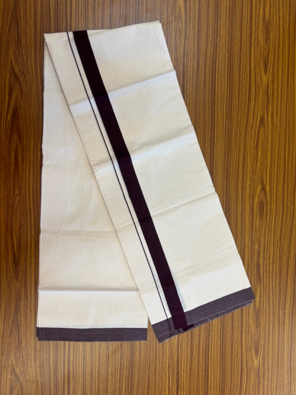 Single Off white - Kaitharikada 100% Cotton 40s Thread Mundu / Dothi - 1 inch Dark Wine Purple Kara (2 meters / 4 mulam) - 32 KK5298 SKM