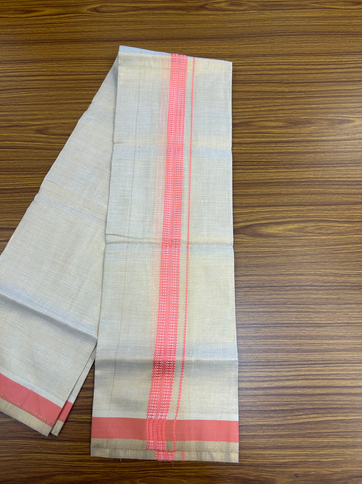 Single Tissue - KaithariKada Balaramapuram Tissue Single Dhoti/Mund Mixed Cotton - 70x30 - 1.25 inch Light Gold Kasav & Pink Stripes Kara (2 meter / 4 muzham)  - 210 KK5361 PMC