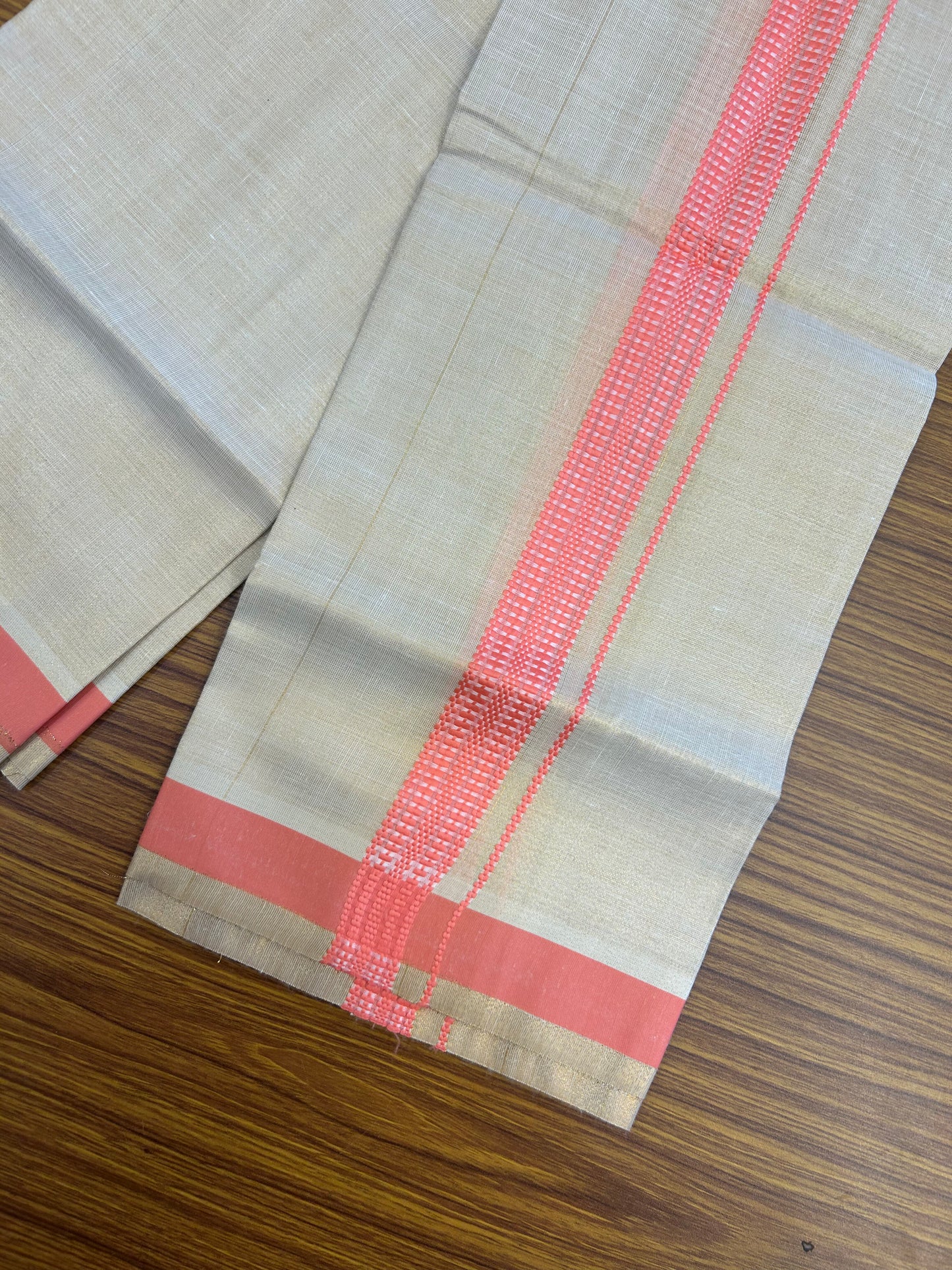 Single Tissue - KaithariKada Balaramapuram Tissue Single Dhoti/Mund Mixed Cotton - 70x30 - 1.25 inch Light Gold Kasav & Pink Stripes Kara (2 meter / 4 muzham)  - 210 KK5361 PMC