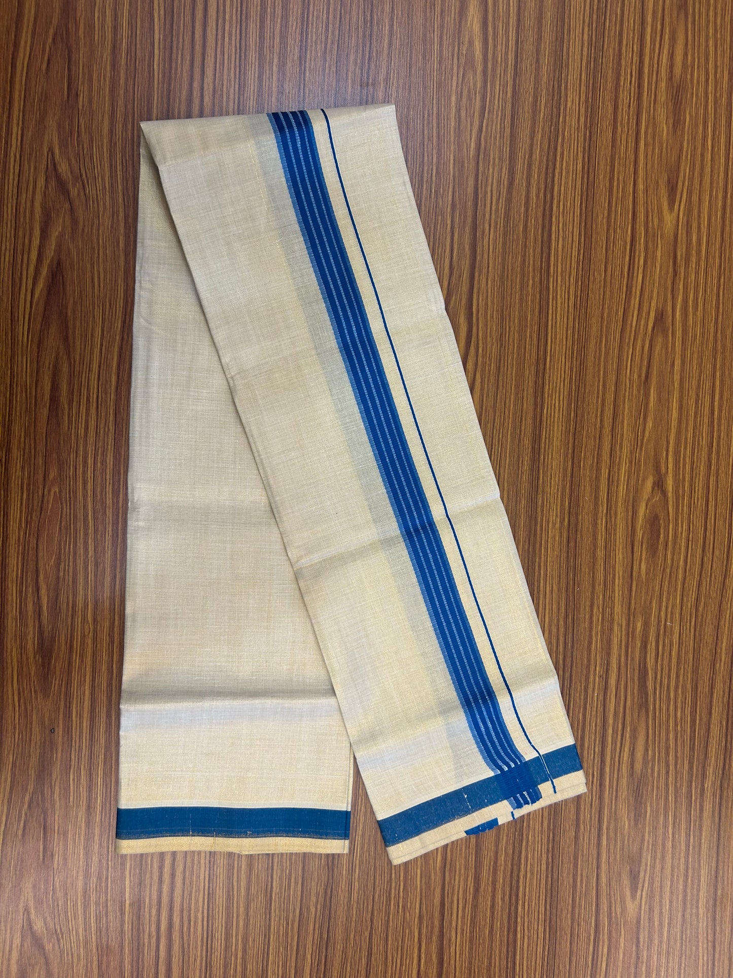 Single Tissue - KaithariKada Balaramapuram Tissue Single Dhoti/Mund Mixed Cotton - 70x30 - 1.75 inch Gold Kasav & Blue Stripes Kara (2 meter / 4 muzham)  - 214 KK5361 PMC