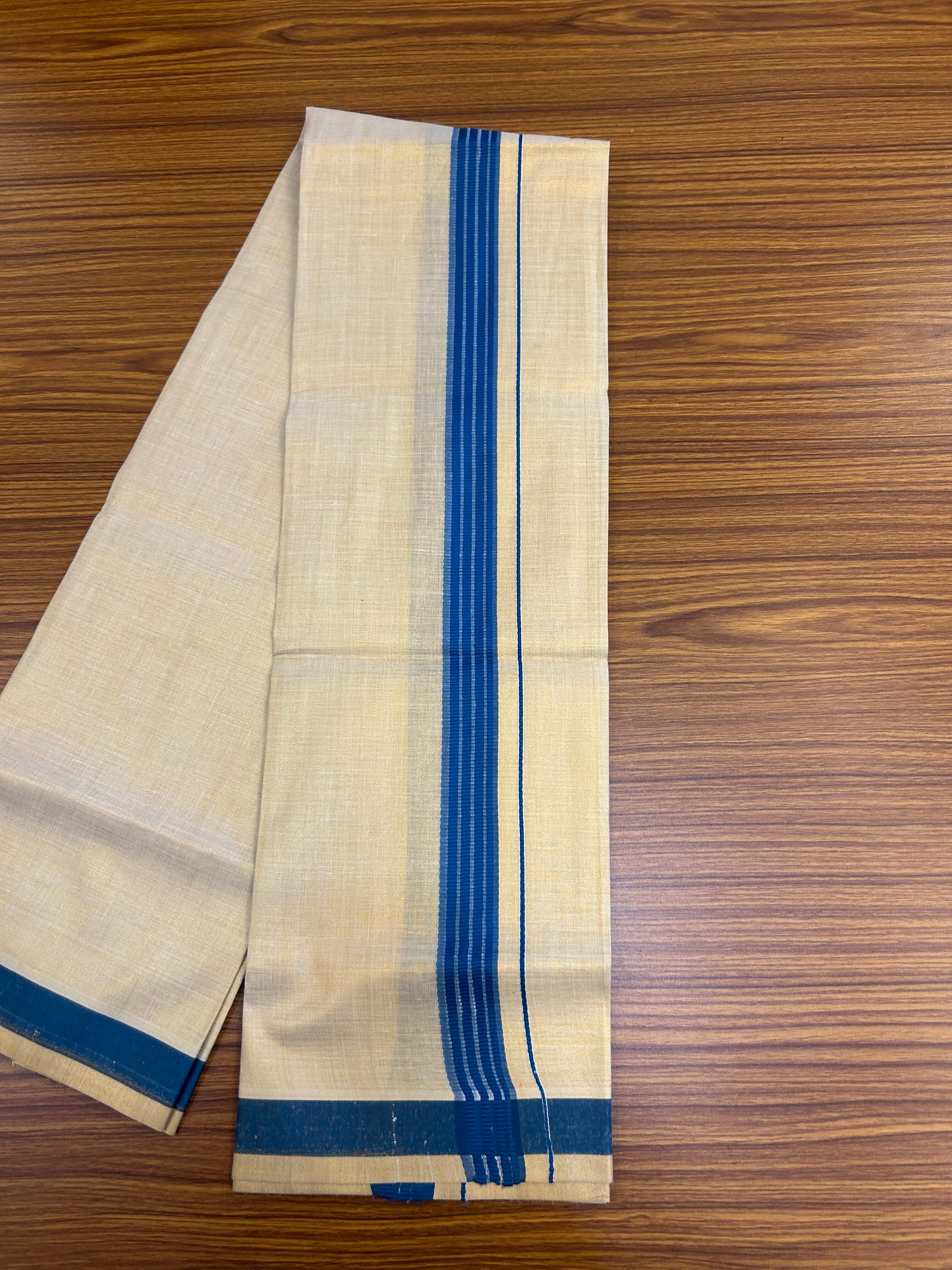 Single Tissue - KaithariKada Balaramapuram Tissue Single Dhoti/Mund Mixed Cotton - 70x30 - 1.75 inch Gold Kasav & Blue Stripes Kara (2 meter / 4 muzham)  - 214 KK5361 PMC