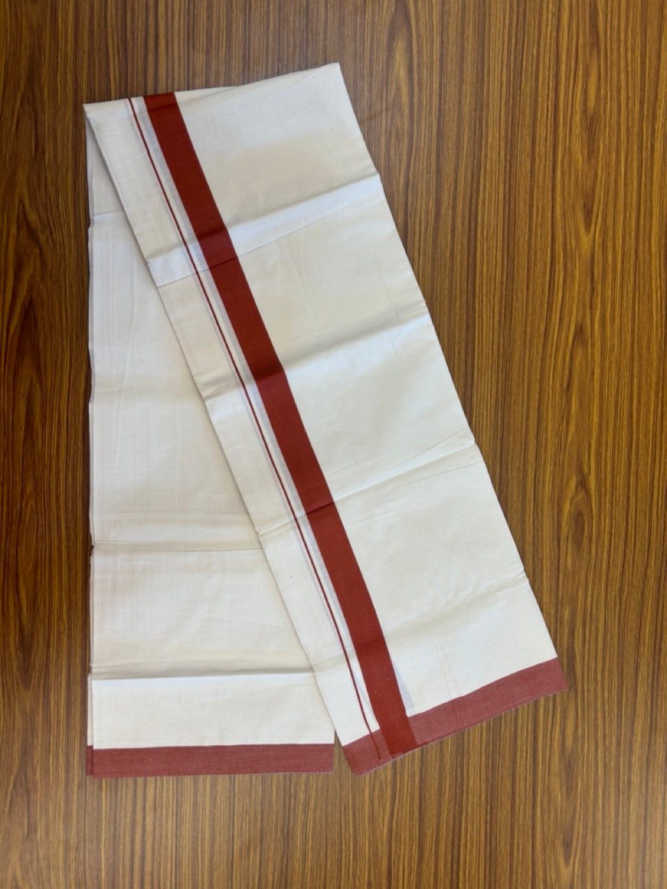 Single Off white - Kaitharikada 100% Cotton 40s Thread Mundu / Dothi - 1 inch Rust Brown Kara (2 meters / 4 mulam) - 31 KK5298 SKM