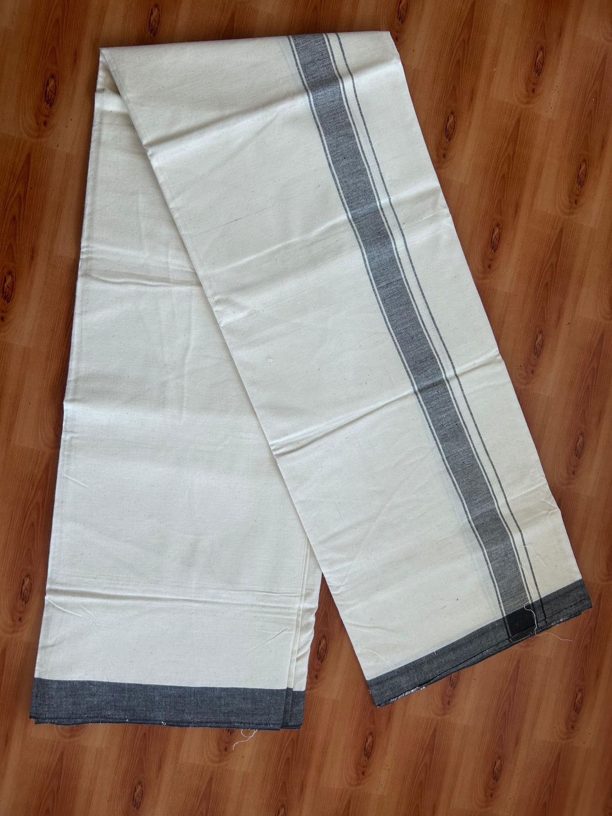 Kerala Handloom - Signature Kaitharikada - 100% Pure Cotton 2/60X40s Thread - Off White Single Mundu / Dhoti - 1.5 inch Black Shaded Striped Kara - (2 meter / 4 muzham) - 13 KK8080 KAL