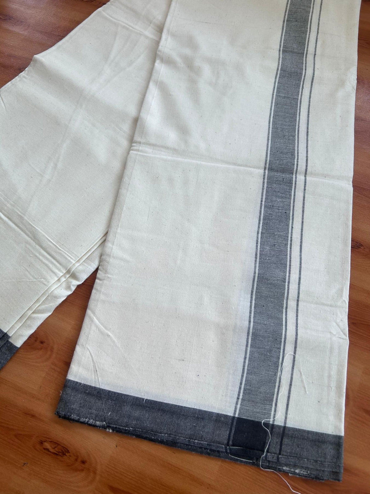 Kerala Handloom - Signature Kaitharikada - 100% Pure Cotton 2/60X40s Thread - Off White Single Mundu / Dhoti - 1.5 inch Black Shaded Striped Kara - (2 meter / 4 muzham) - 13 KK8080 KAL