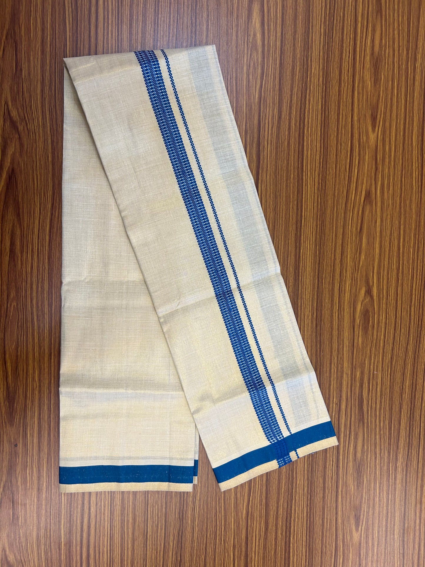 Single Tissue - KaithariKada Balaramapuram Tissue Single Dhoti/Mund Mixed Cotton - 70x30 - 1.25 inch Gold Kasav & Blue Stripes Kara (2 meter / 4 muzham)  - 207 KK5361 PMC