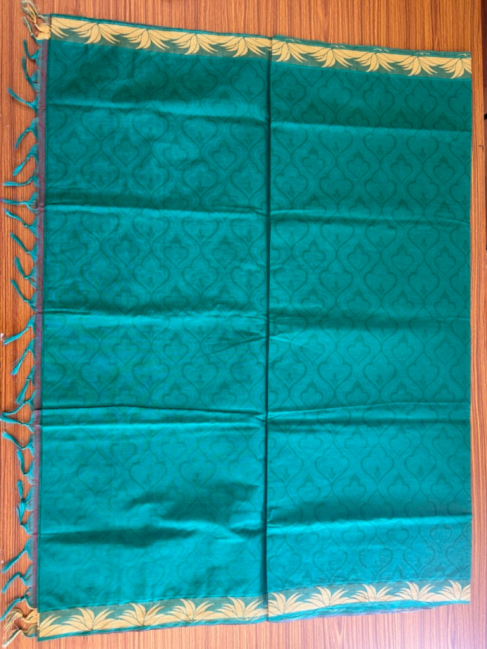 Kerala Colour Cotton Saree - Green Maroon & Sand Brown Leaf Design Kara - Kaitharikada - 1KK1007RJT