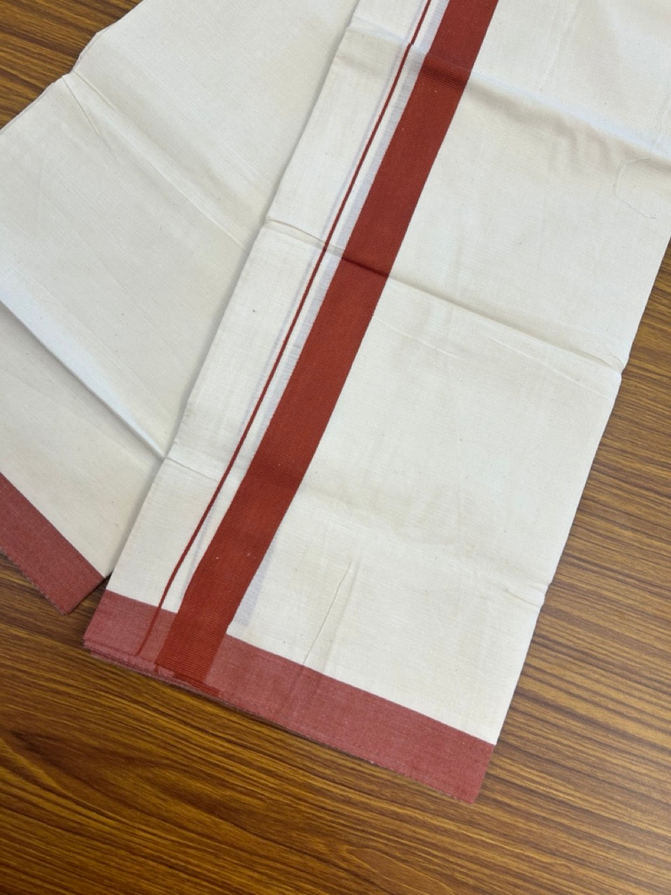 Single Off white - Kaitharikada 100% Cotton 40s Thread Mundu / Dothi - 1 inch Rust Brown Kara (2 meters / 4 mulam) - 31 KK5298 SKM