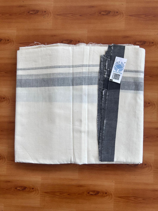 Kerala Handloom - Signature Kaitharikada - 100% Pure Cotton 2/60X40s Thread - Off White Single Mundu / Dhoti - 1.25 inch Dark Brown Shaded Striped Kara - (2 meter / 4 muzham) - 14 KK8080 KAL