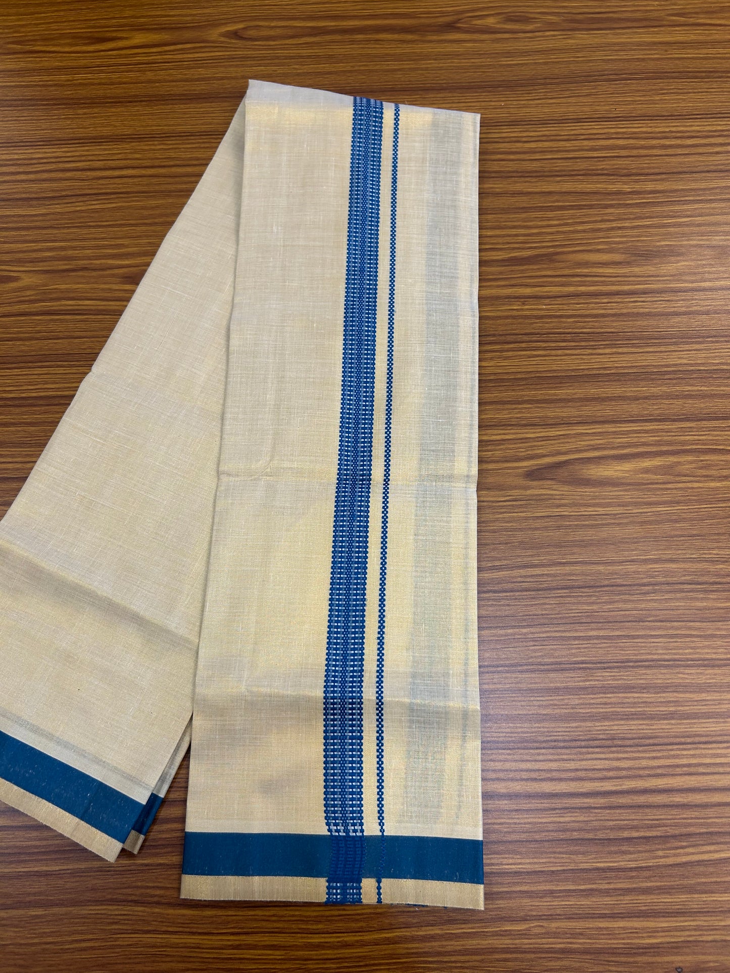 Single Tissue - KaithariKada Balaramapuram Tissue Single Dhoti/Mund Mixed Cotton - 70x30 - 1.25 inch Gold Kasav & Blue Stripes Kara (2 meter / 4 muzham)  - 207 KK5361 PMC
