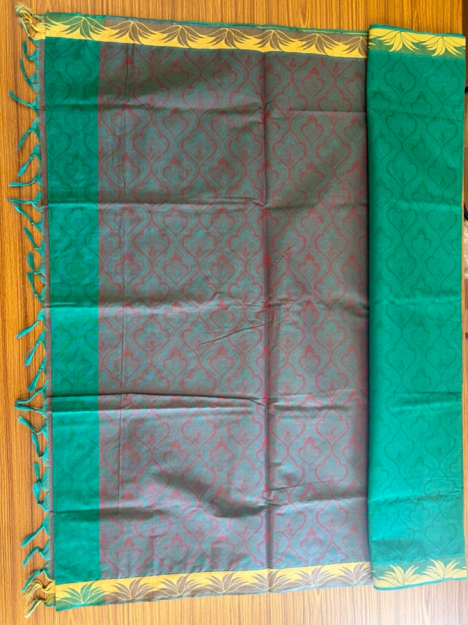 Kerala Colour Cotton Saree - Green Maroon & Sand Brown Leaf Design Kara - Kaitharikada - 1KK1007RJT