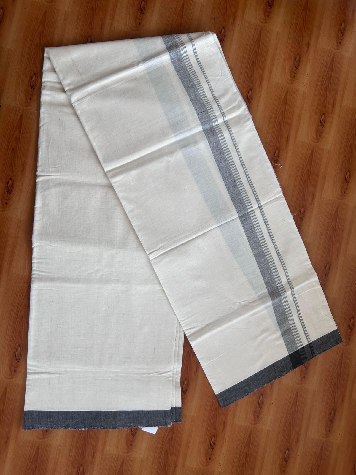 Kerala Handloom - Signature Kaitharikada - 100% Pure Cotton 2/60X40s Thread - Off White Single Mundu / Dhoti - 1.25 inch Dark Brown Shaded Striped Kara - (2 meter / 4 muzham) - 14 KK8080 KAL