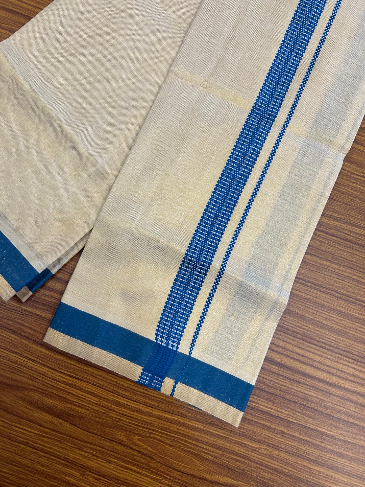 Single Tissue - KaithariKada Balaramapuram Tissue Single Dhoti/Mund Mixed Cotton - 70x30 - 1.25 inch Gold Kasav & Blue Stripes Kara (2 meter / 4 muzham)  - 207 KK5361 PMC