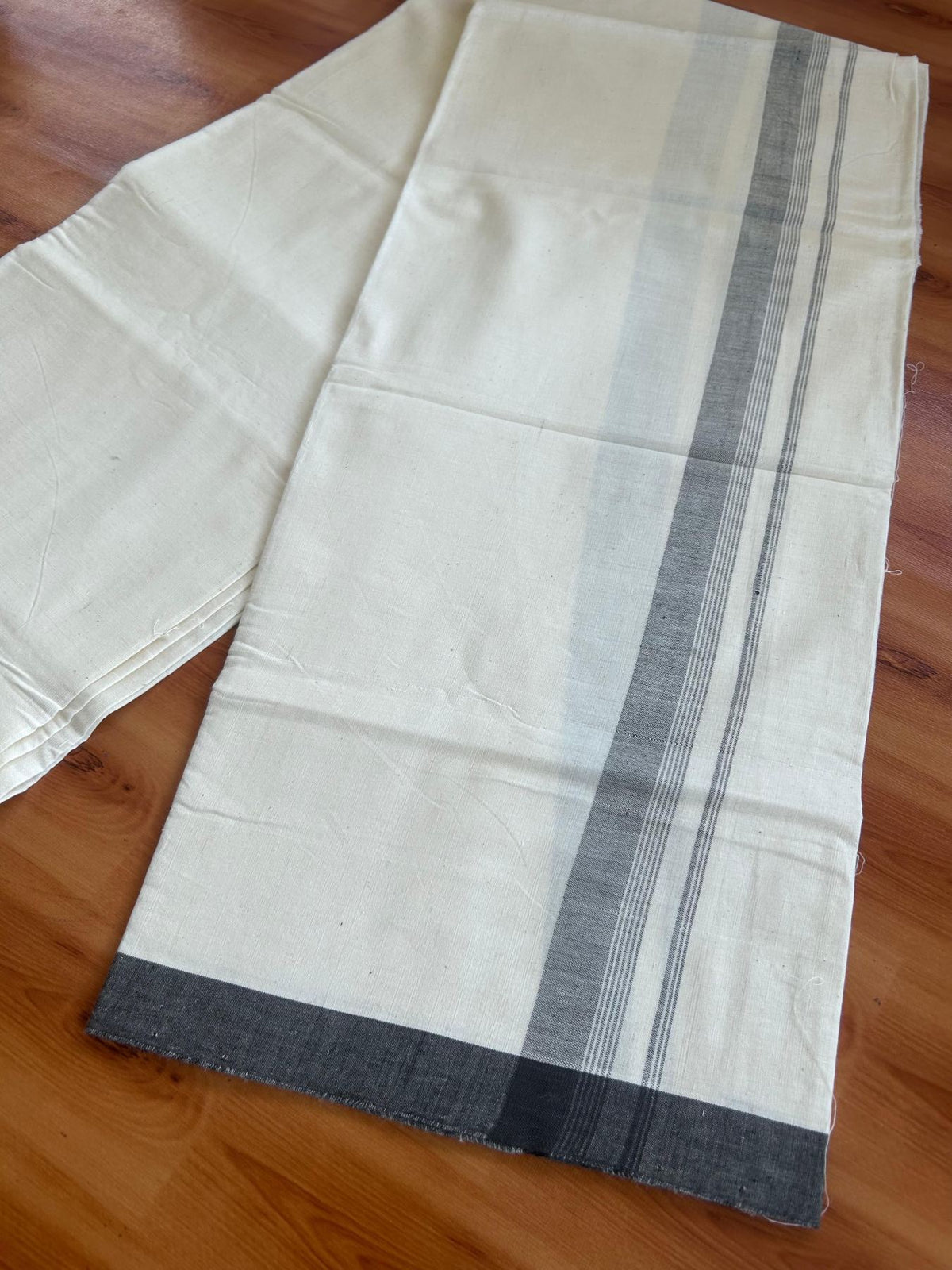 Kerala Handloom - Signature Kaitharikada - 100% Pure Cotton 2/60X40s Thread - Off White Single Mundu / Dhoti - 1.25 inch Dark Brown Shaded Striped Kara - (2 meter / 4 muzham) - 14 KK8080 KAL