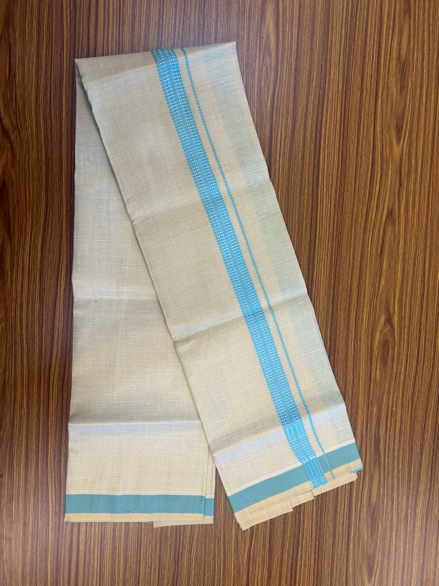 Single Tissue - KaithariKada Balaramapuram Tissue Single Dhoti/Mund Mixed Cotton - 70x30 - 1.25 inch Gold Kasav & Turquoise Stripes Kara (2 meter / 4 muzham)  - 213 KK5361 PMC