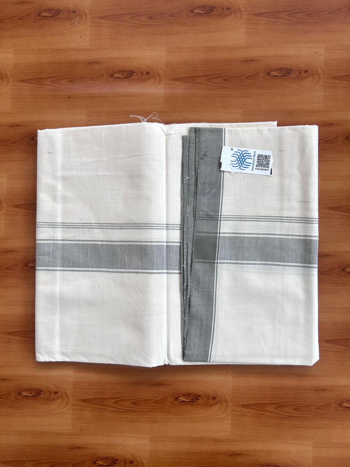 Kerala Handloom - Signature Kaitharikada - 100% Pure Cotton 2/60X40s Thread - Off White Single Mundu / Dhoti - 1.25 inch Olive Green Shaded Striped Kara - (2 meter / 4 muzham) - 15 KK8080 KAL