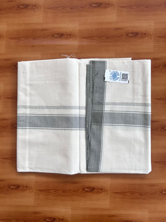 Kerala Handloom - Signature Kaitharikada - 100% Pure Cotton 2/60X40s Thread - Off White Single Mundu / Dhoti - 1.25 inch Olive Green Shaded Striped Kara - (2 meter / 4 muzham) - 15 KK8080 KAL