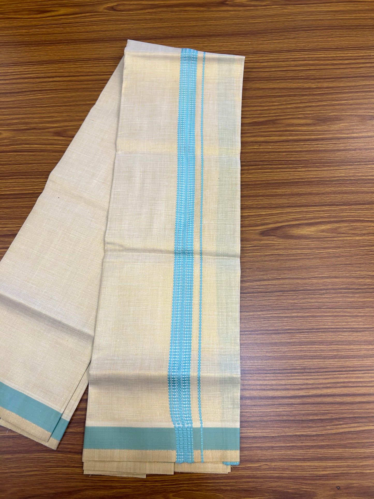 Single Tissue - KaithariKada Balaramapuram Tissue Single Dhoti/Mund Mixed Cotton - 70x30 - 1.25 inch Gold Kasav & Turquoise Stripes Kara (2 meter / 4 muzham)  - 213 KK5361 PMC