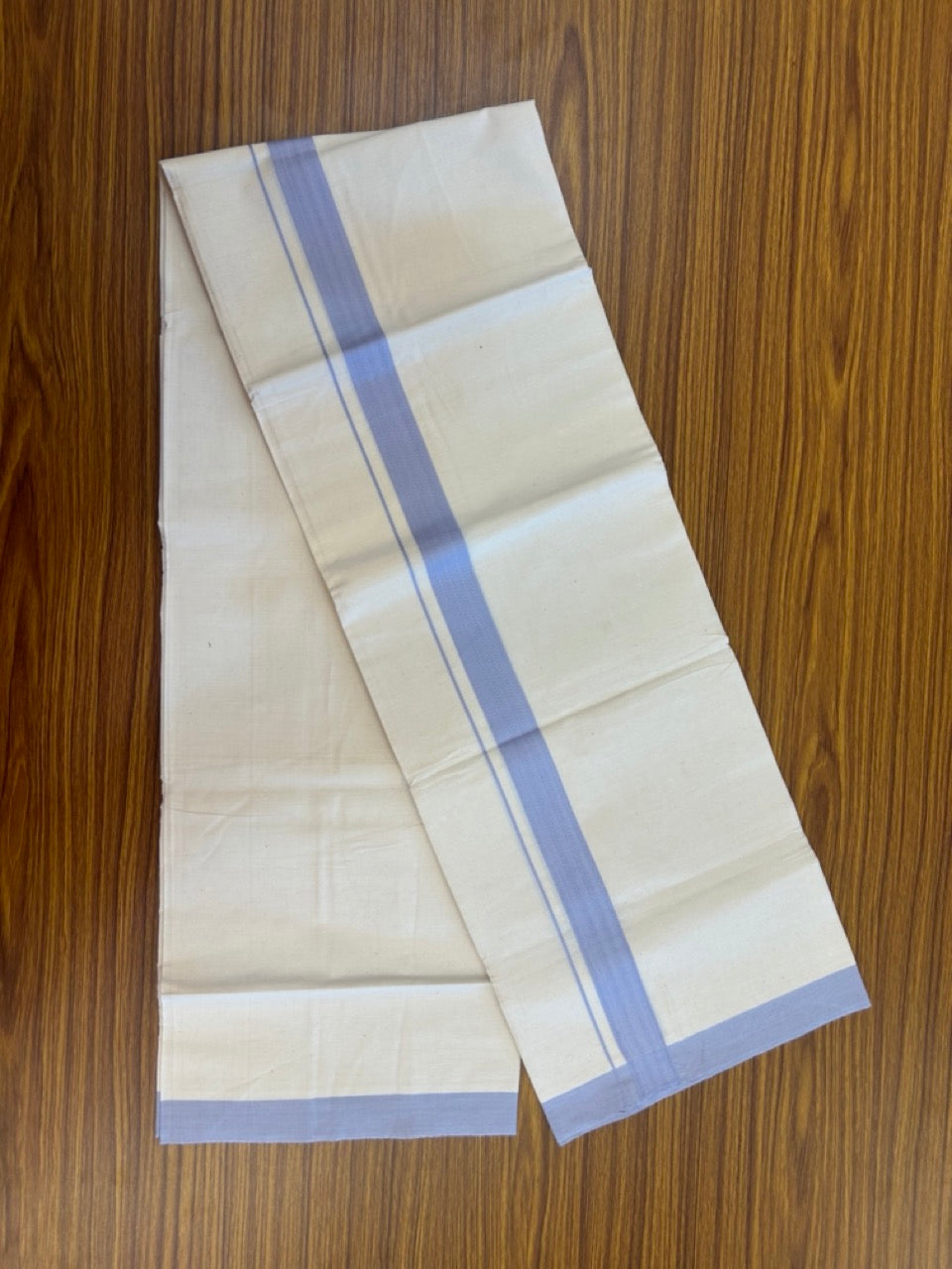 Single Off white - Kaitharikada 100% Cotton 40s Thread Mundu / Dothi - 1 inch Pastel Blue Kara (2 meters / 4 mulam) - 29 KK5298 SKM