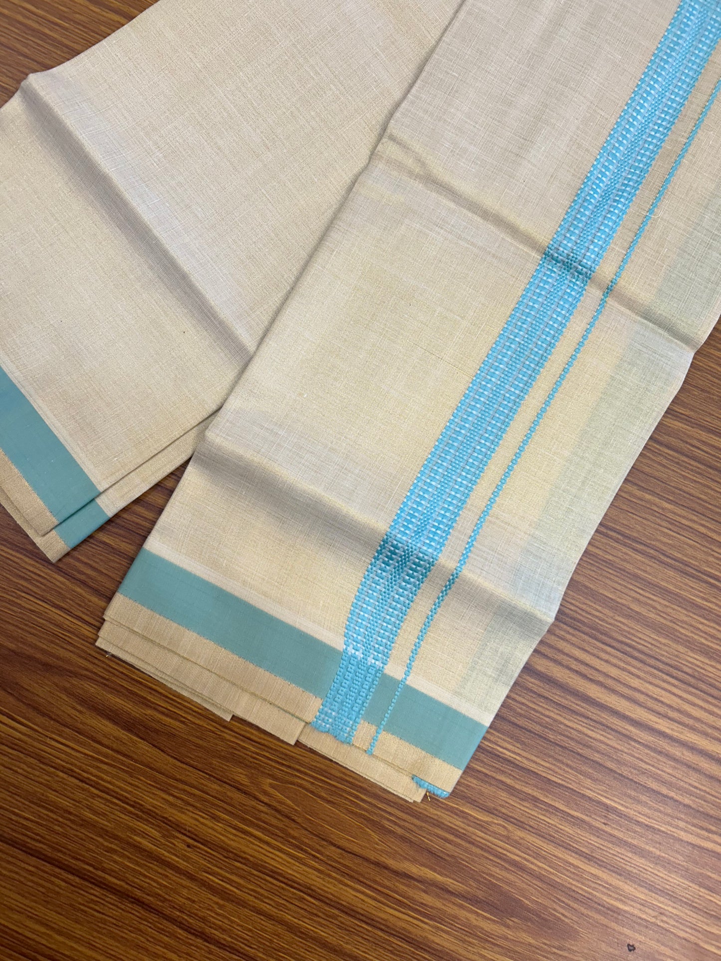 Single Tissue - KaithariKada Balaramapuram Tissue Single Dhoti/Mund Mixed Cotton - 70x30 - 1.25 inch Gold Kasav & Turquoise Stripes Kara (2 meter / 4 muzham)  - 213 KK5361 PMC