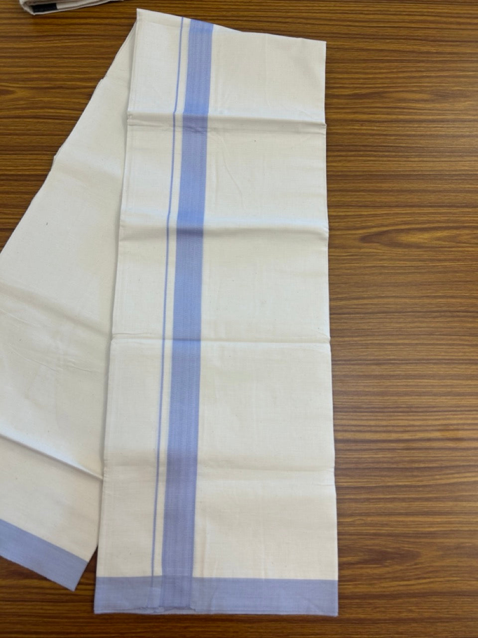 Single Off white - Kaitharikada 100% Cotton 40s Thread Mundu / Dothi - 1 inch Pastel Blue Kara (2 meters / 4 mulam) - 29 KK5298 SKM