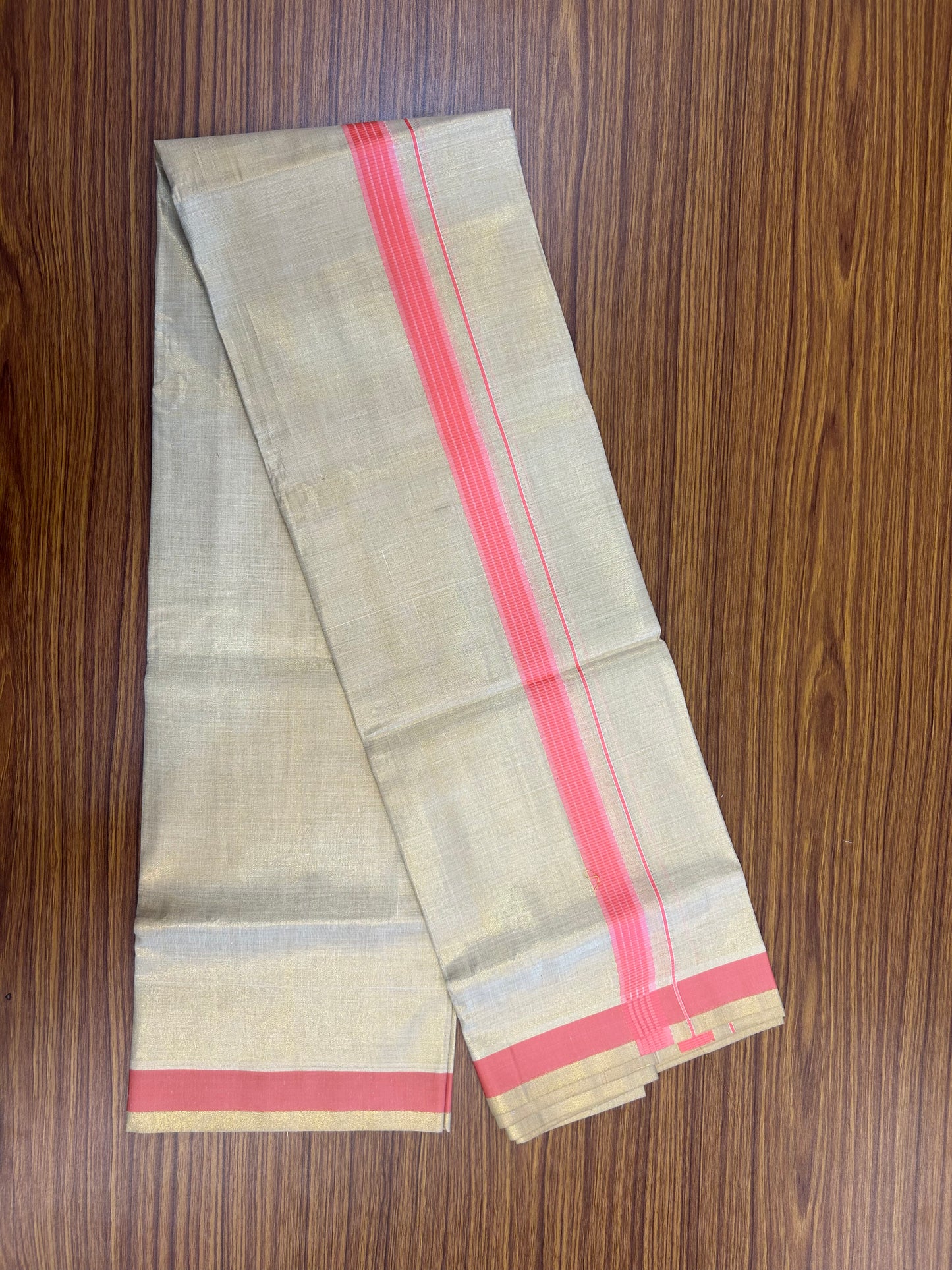 Single Tissue - KaithariKada Balaramapuram Tissue Single Dhoti/Mund Mixed Cotton - 70x30 - 1.25 inch Gold Kasav & Pink Stripes Kara (2 meter / 4 muzham)  - 206 KK5361 PMC