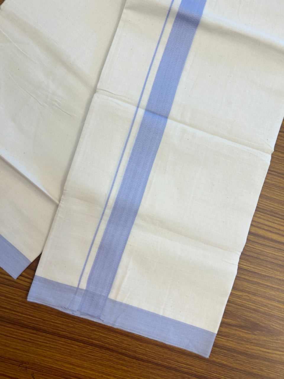 Single Off white - Kaitharikada 100% Cotton 40s Thread Mundu / Dothi - 1 inch Pastel Blue Kara (2 meters / 4 mulam) - 29 KK5298 SKM