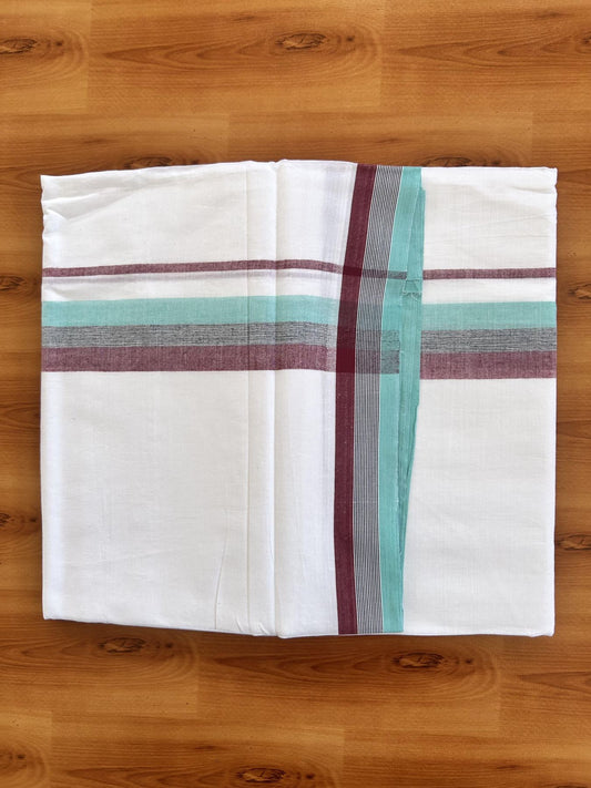 Double Pure White Mundu/Dhoti- 20% Discount ! Kaitharikada Balaramapuram 100% Pure Cotton - 100x80 - 1.5 inch Turquoise, Black & Maroon Shaded Kara 3.90 mtr (8 muzham) - 27 KK5444 VIN