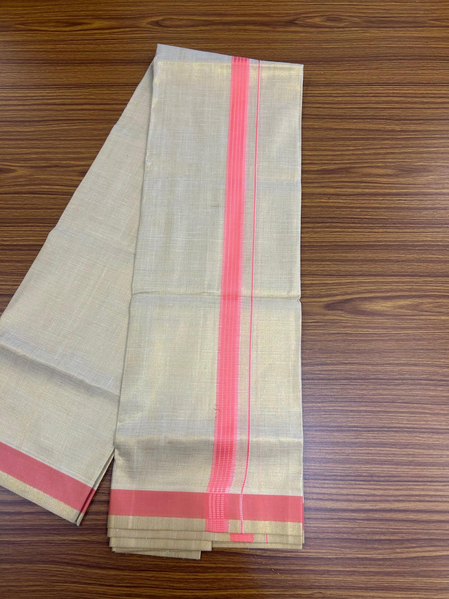 Single Tissue - KaithariKada Balaramapuram Tissue Single Dhoti/Mund Mixed Cotton - 70x30 - 1.25 inch Gold Kasav & Pink Stripes Kara (2 meter / 4 muzham)  - 206 KK5361 PMC