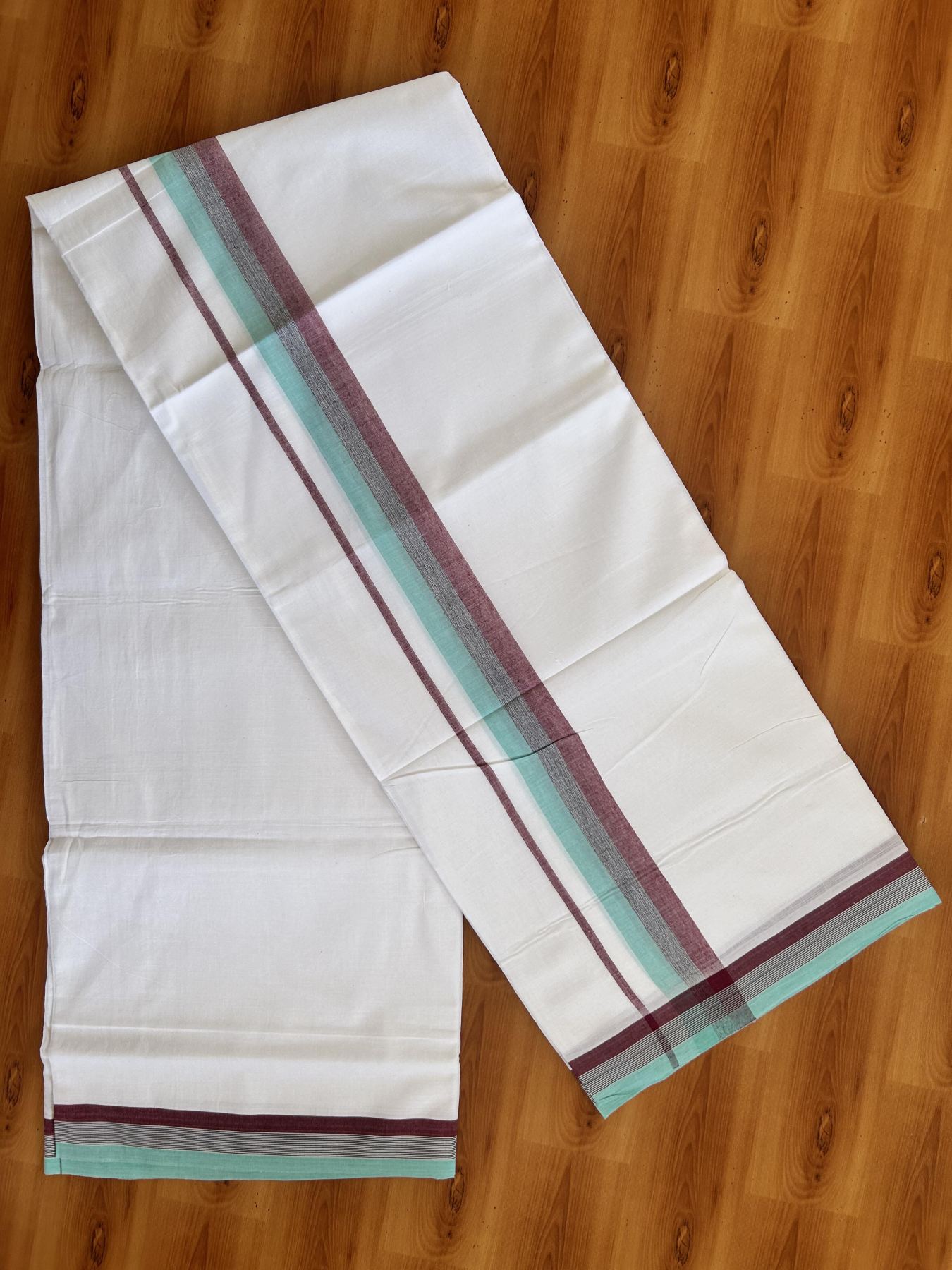 Double Pure White Mundu/Dhoti- 20% Discount ! Kaitharikada Balaramapuram 100% Pure Cotton - 100x80 - 1.5 inch Turquoise, Black & Maroon Shaded Kara 3.90 mtr (8 muzham) - 27 KK5444 VIN