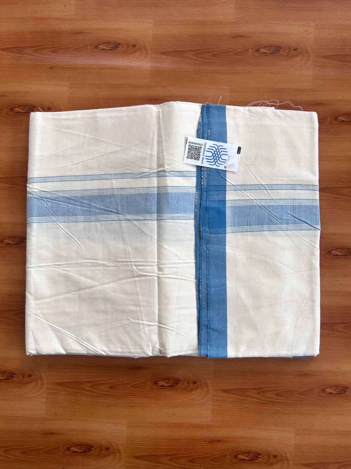 Kerala Handloom - Signature Kaitharikada - 100% Pure Cotton 2/80sx2/80s Thread - Off White Single Mundu / Dhoti - 1.25 inch Peacock Blue Shaded Striped Kara - (2 meter / 4 muzham) - 16 KK8080 KAL