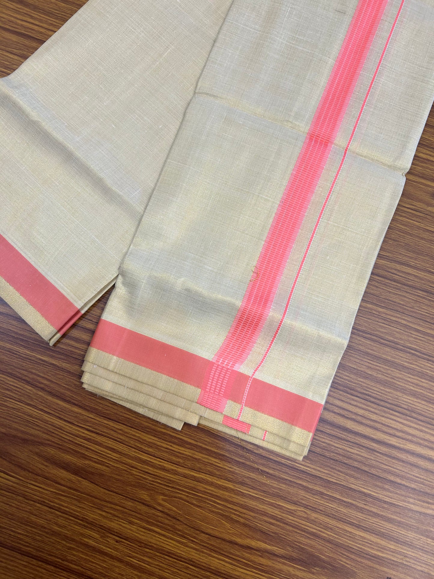 Single Tissue - KaithariKada Balaramapuram Tissue Single Dhoti/Mund Mixed Cotton - 70x30 - 1.25 inch Gold Kasav & Pink Stripes Kara (2 meter / 4 muzham)  - 206 KK5361 PMC