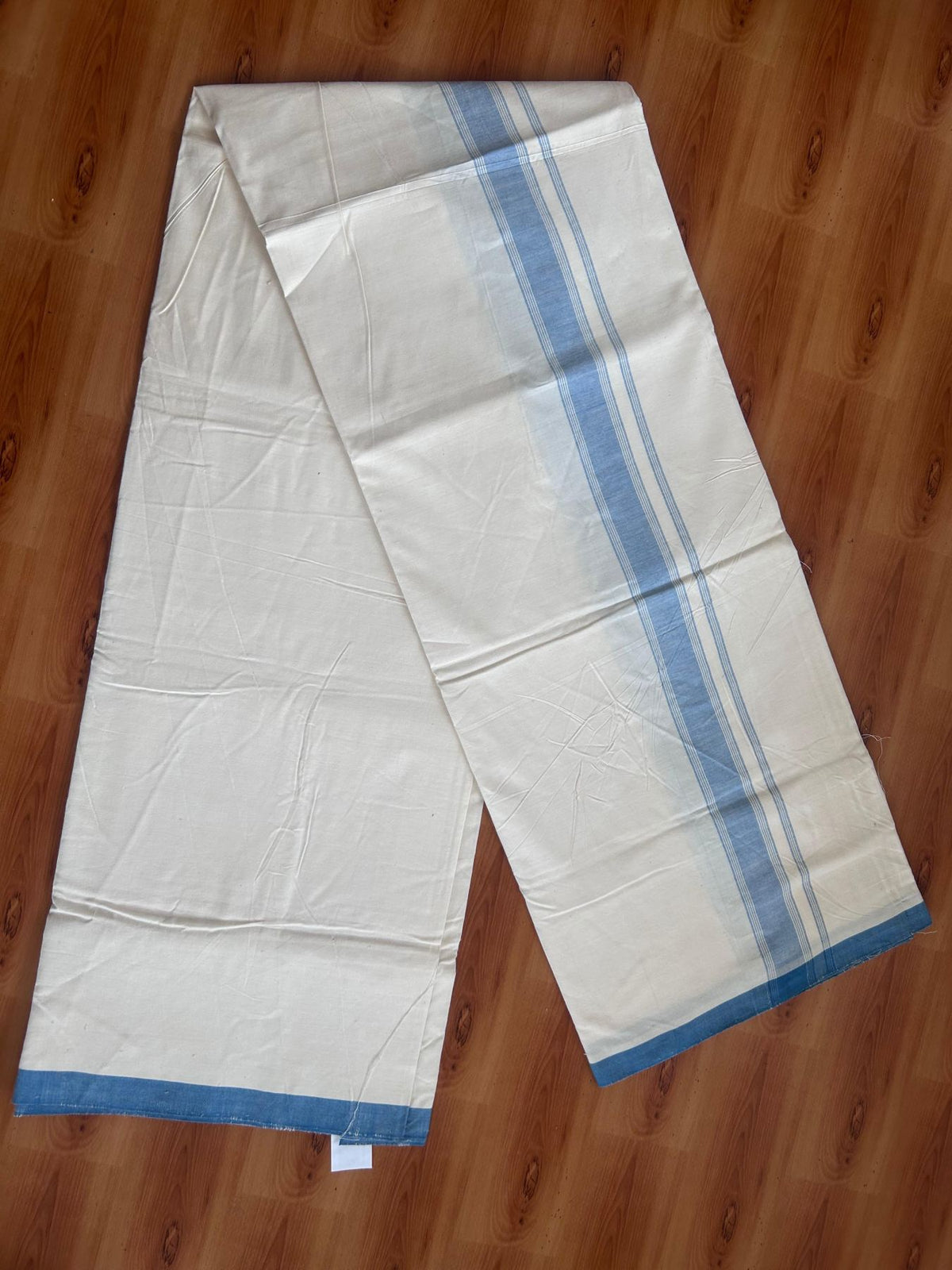 Kerala Handloom - Signature Kaitharikada - 100% Pure Cotton 2/80sx2/80s Thread - Off White Single Mundu / Dhoti - 1.25 inch Peacock Blue Shaded Striped Kara - (2 meter / 4 muzham) - 16 KK8080 KAL
