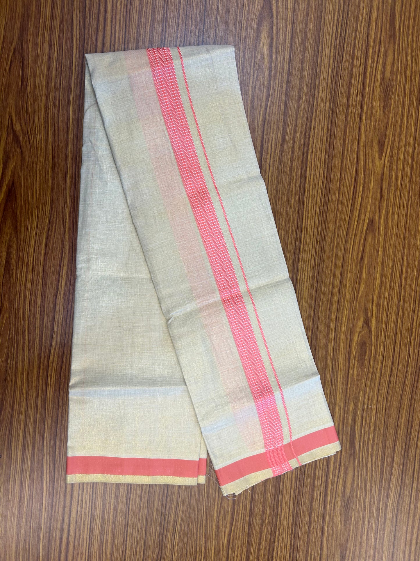 Single Tissue - KaithariKada Balaramapuram Tissue Single Dhoti/Mund Mixed Cotton - 70x30 - 1.25 inch Gold Kasav & Pink Stripes Kara (2 meter / 4 muzham)  - 209 KK5361 PMC