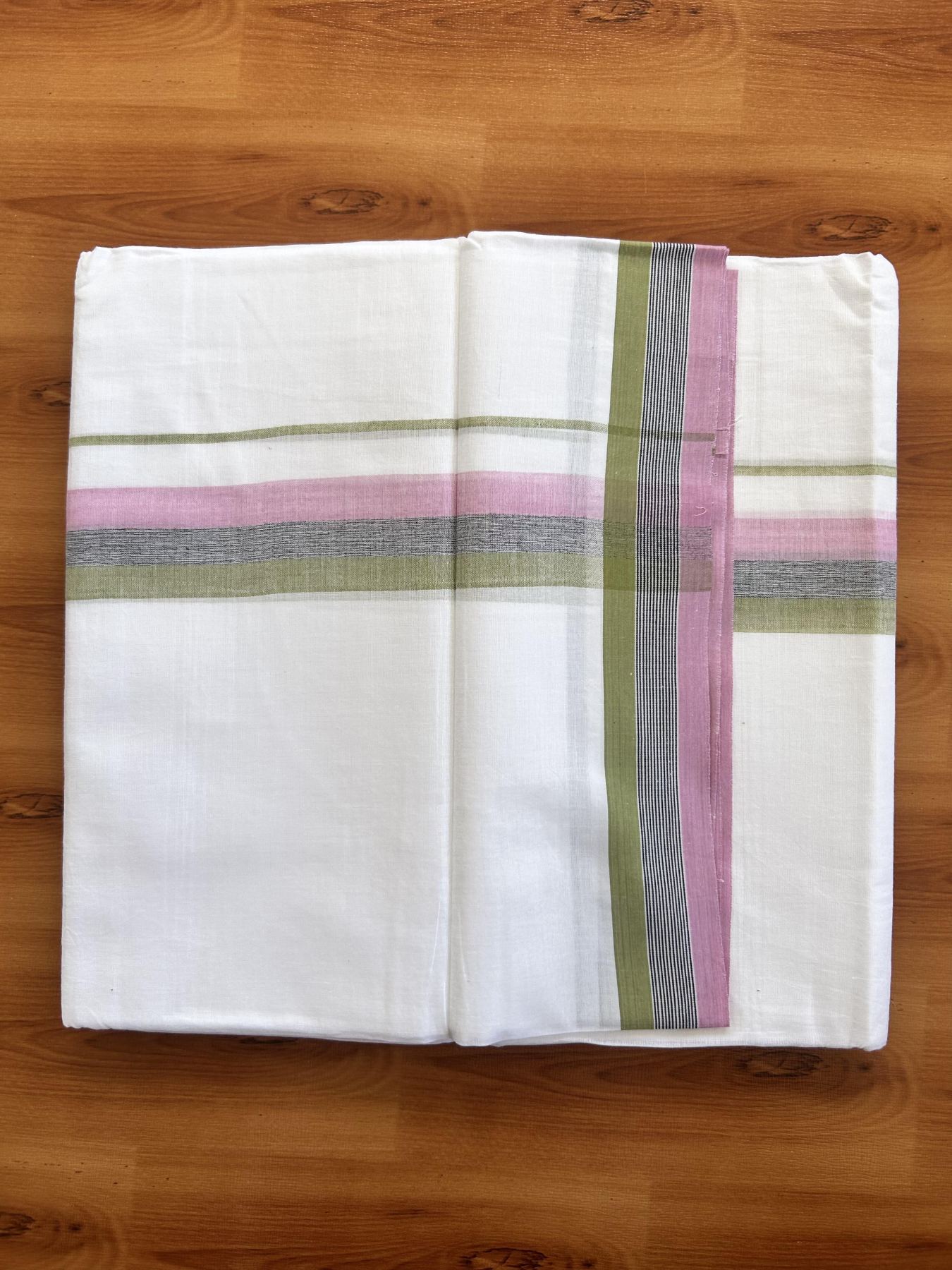 Double Pure White Mundu/Dhoti- 20% Discount ! Kaitharikada Balaramapuram 100% Pure Cotton - 100x80 - 1.5 inch Pink, Black & Sage Green Shaded Kara 3.90 mtr (8 muzham) - 21 KK5444 VIN