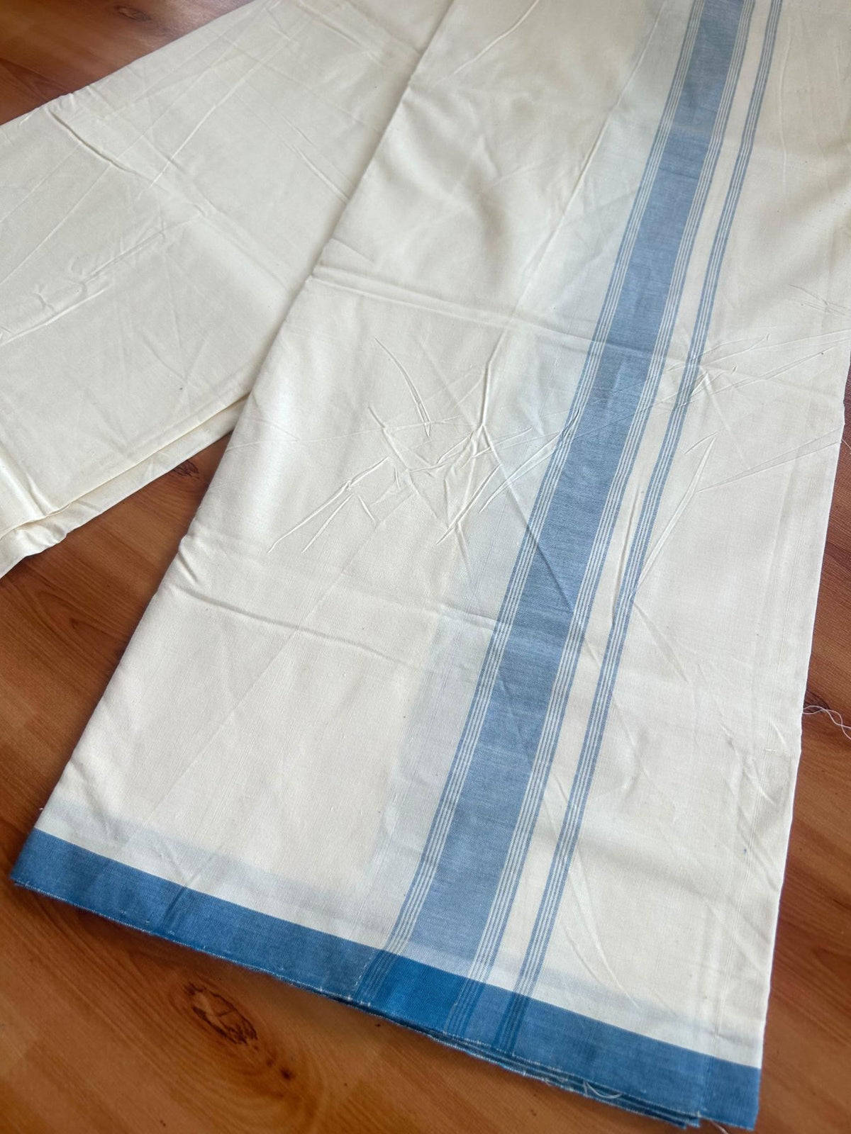 Kerala Handloom - Signature Kaitharikada - 100% Pure Cotton 2/80sx2/80s Thread - Off White Single Mundu / Dhoti - 1.25 inch Peacock Blue Shaded Striped Kara - (2 meter / 4 muzham) - 16 KK8080 KAL
