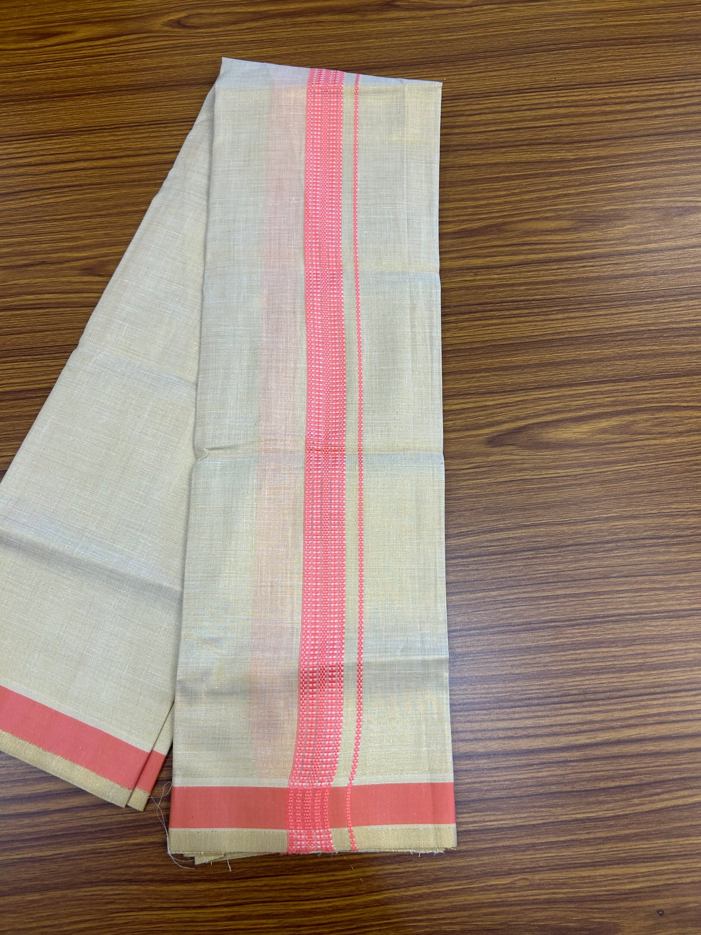 Single Tissue - KaithariKada Balaramapuram Tissue Single Dhoti/Mund Mixed Cotton - 70x30 - 1.25 inch Gold Kasav & Pink Stripes Kara (2 meter / 4 muzham)  - 209 KK5361 PMC