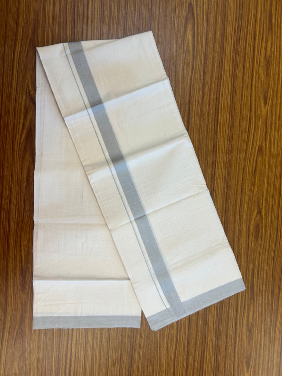 Single Off white - Kaitharikada 100% Cotton 40s Thread Mundu / Dothi - 1 inch Light Grey Kara (2 meters / 4 mulam) - 28 KK5298 SKM