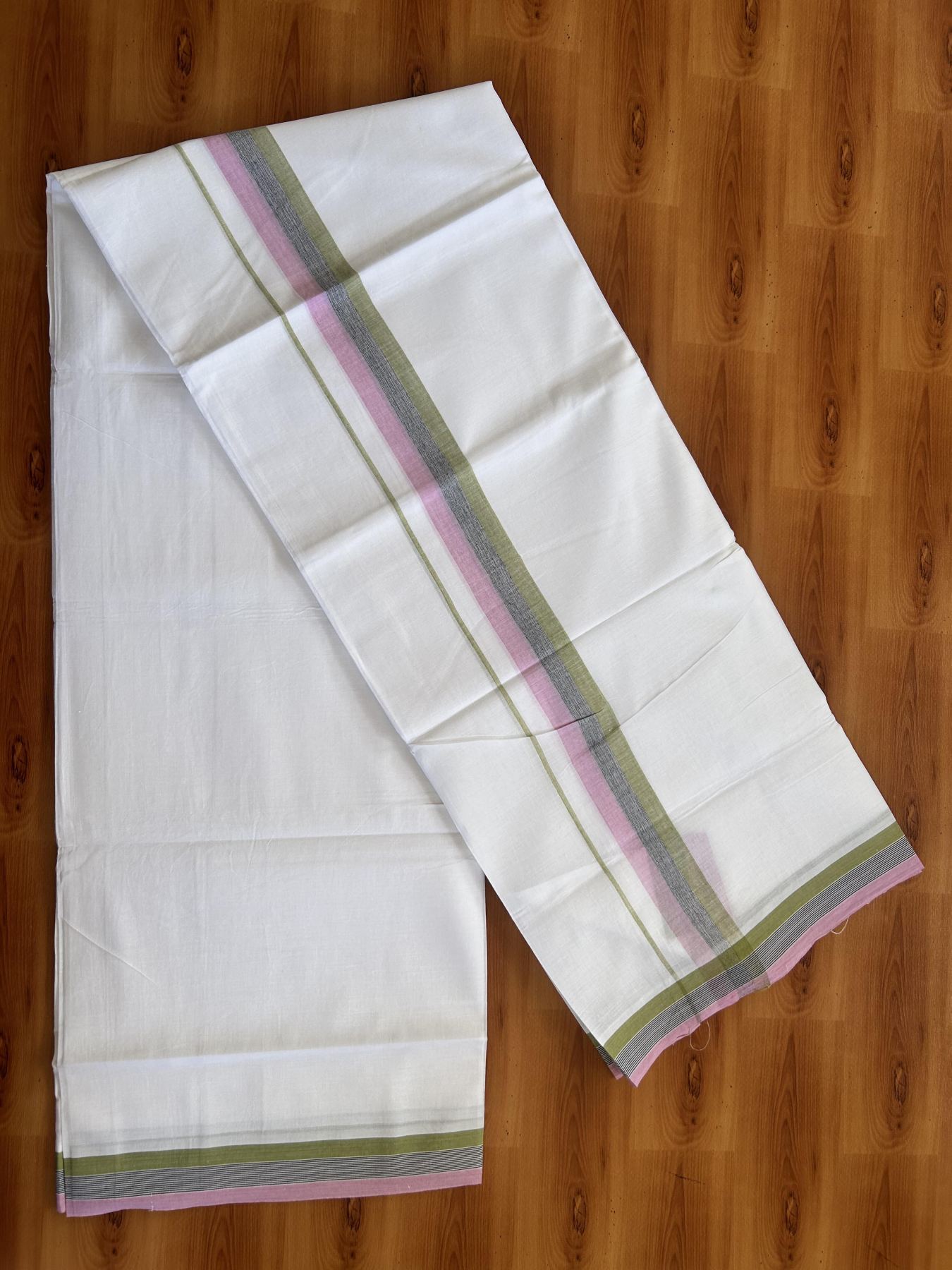 Double Pure White Mundu/Dhoti- 20% Discount ! Kaitharikada Balaramapuram 100% Pure Cotton - 100x80 - 1.5 inch Pink, Black & Sage Green Shaded Kara 3.90 mtr (8 muzham) - 21 KK5444 VIN