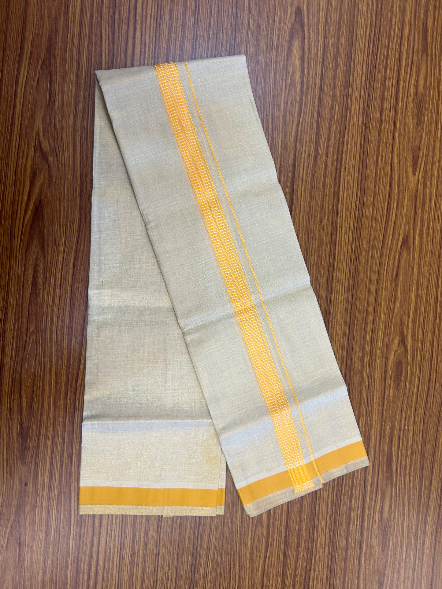 Single Tissue - KaithariKada Balaramapuram Tissue Single Dhoti/Mund Mixed Cotton - 70x30 - 1.25 inch Light Gold Kasav & Light Yellow Stripes Kara (2 meter / 4 muzham)  - 212 KK5361 PMC
