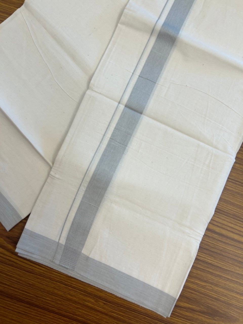 Single Off white - Kaitharikada 100% Cotton 40s Thread Mundu / Dothi - 1 inch Light Grey Kara (2 meters / 4 mulam) - 28 KK5298 SKM
