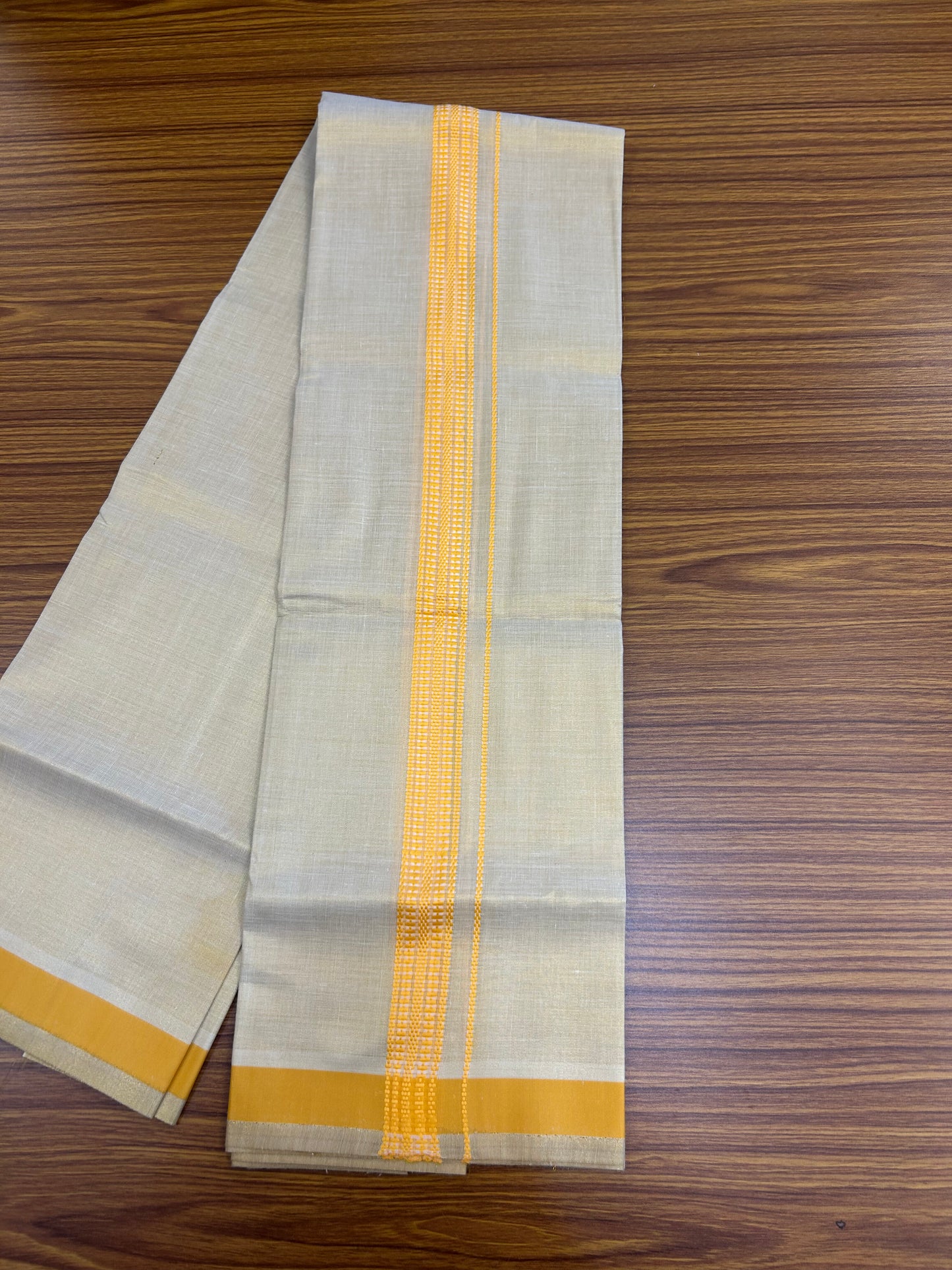 Single Tissue - KaithariKada Balaramapuram Tissue Single Dhoti/Mund Mixed Cotton - 70x30 - 1.25 inch Light Gold Kasav & Light Yellow Stripes Kara (2 meter / 4 muzham)  - 212 KK5361 PMC