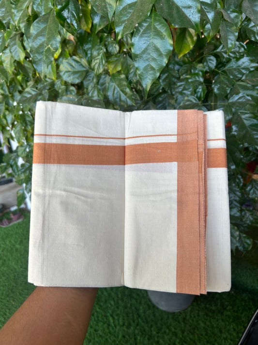 Single Off white - Kaitharikada 100% Cotton 40s Thread Mundu / Dothi - 1 inch Brown Kara (2 meters / 4 mulam) - 30 KK5298 SKM
