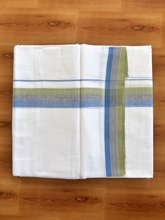 Double Pure White Mundu/Dhoti- 20% Discount ! Kaitharikada Balaramapuram 100% Pure Cotton - 100x80 - 1.5 inch Light Green, Black & Blue Shaded Kara 3.90 mtr (8 muzham) - 25 KK5444 VIN