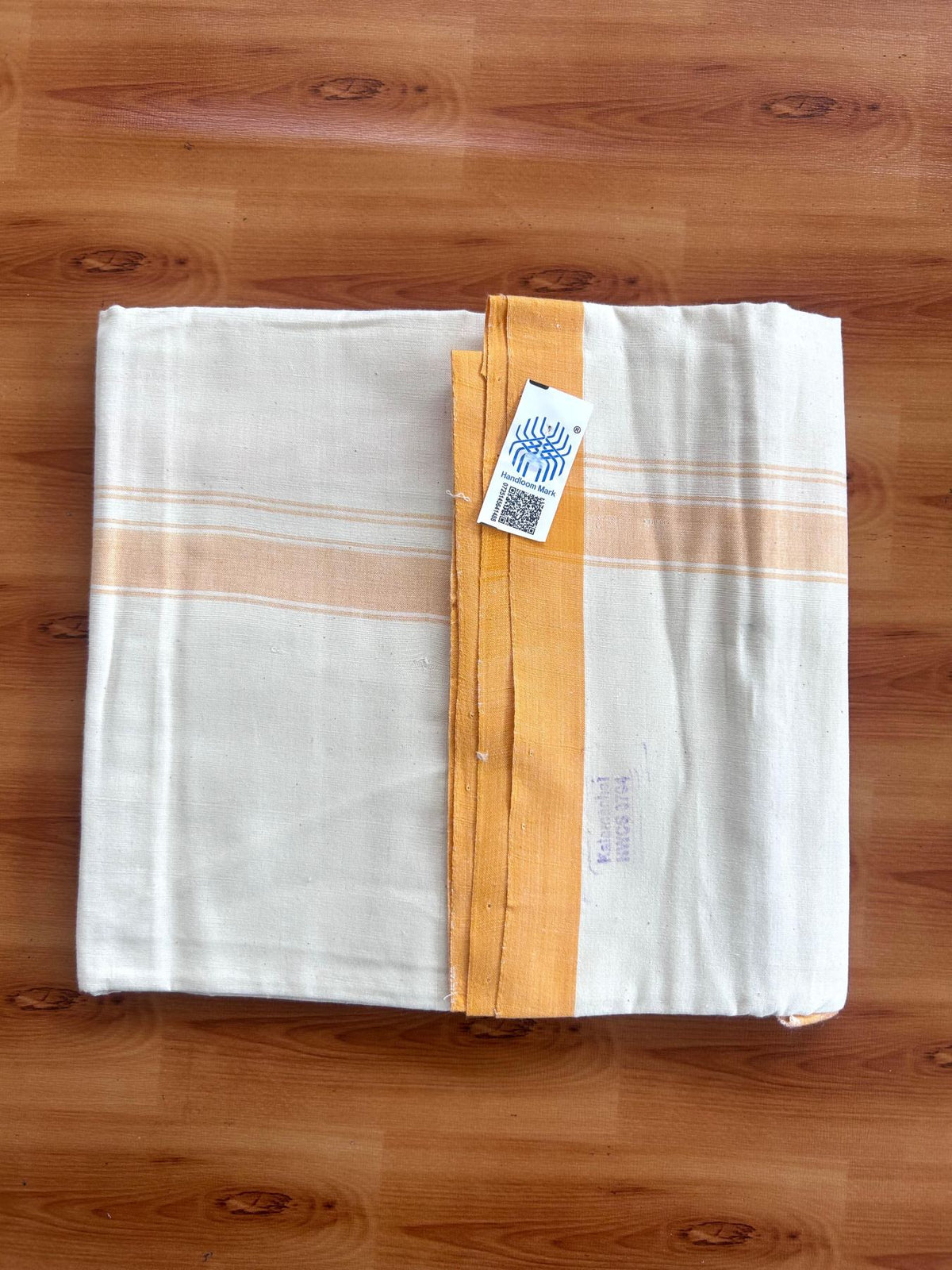 Kerala Handloom - Signature Kaitharikada - 100% Pure Cotton 2/60sx40s Thread - Off White Single Mundu / Dhoti - 1 inch Light Orange Shaded Striped Kara - (2 meter / 4 muzham) - 21 KK8080 KAL