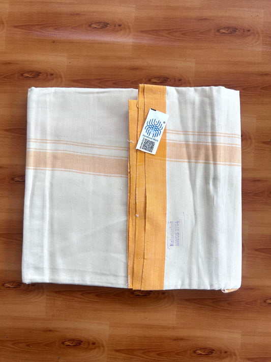 Kerala Handloom - Signature Kaitharikada - 100% Pure Cotton 2/60sx40s Thread - Off White Single Mundu / Dhoti - 1 inch Light Orange Shaded Striped Kara - (2 meter / 4 muzham) - 21 KK8080 KAL