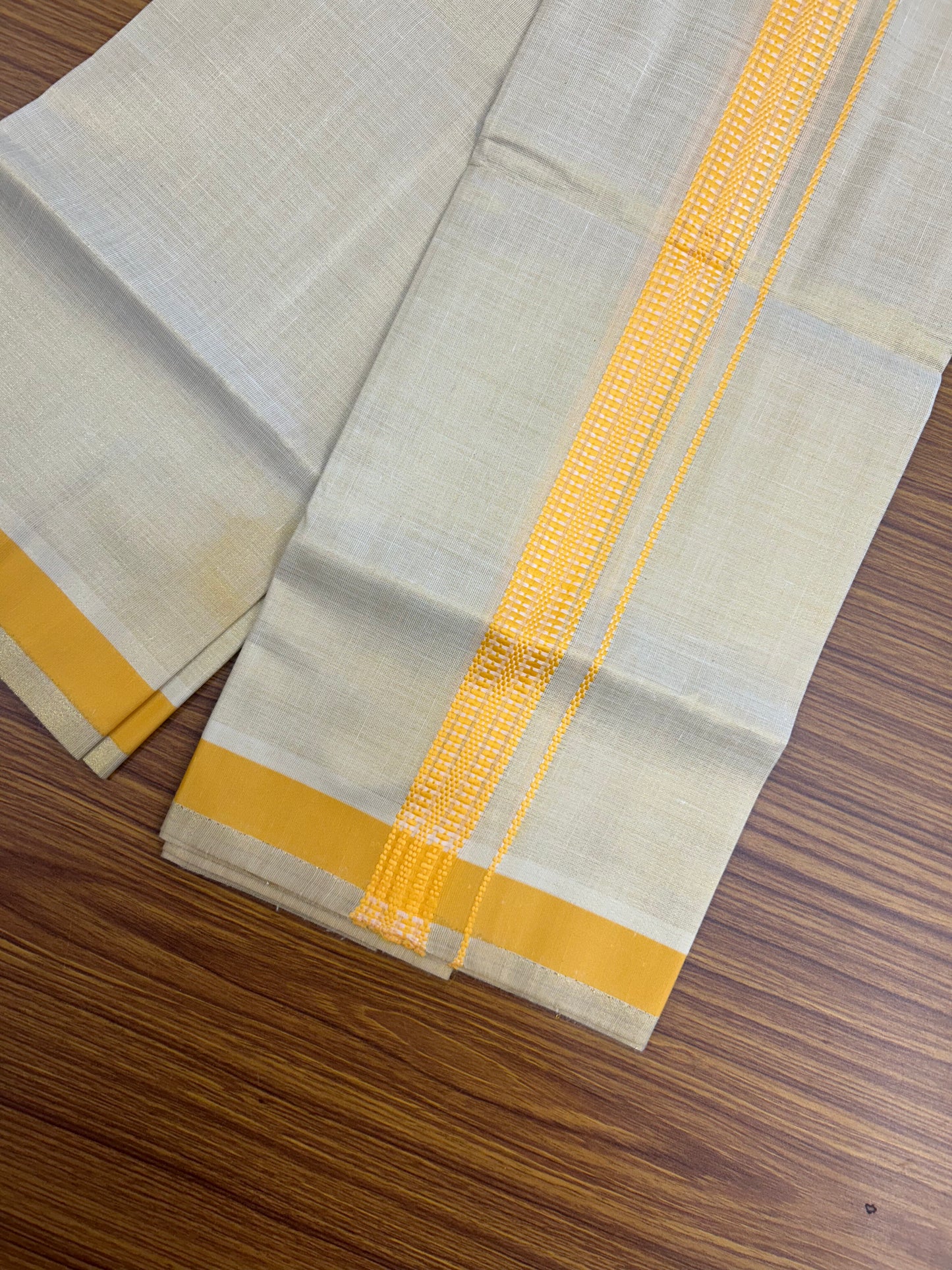 Single Tissue - KaithariKada Balaramapuram Tissue Single Dhoti/Mund Mixed Cotton - 70x30 - 1.25 inch Light Gold Kasav & Light Yellow Stripes Kara (2 meter / 4 muzham)  - 212 KK5361 PMC