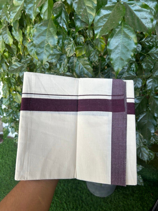 Single Off white - Kaitharikada 100% Cotton 40s Thread Mundu / Dothi - 1 inch Dark Wine Purple Kara (2 meters / 4 mulam) - 32 KK5298 SKM