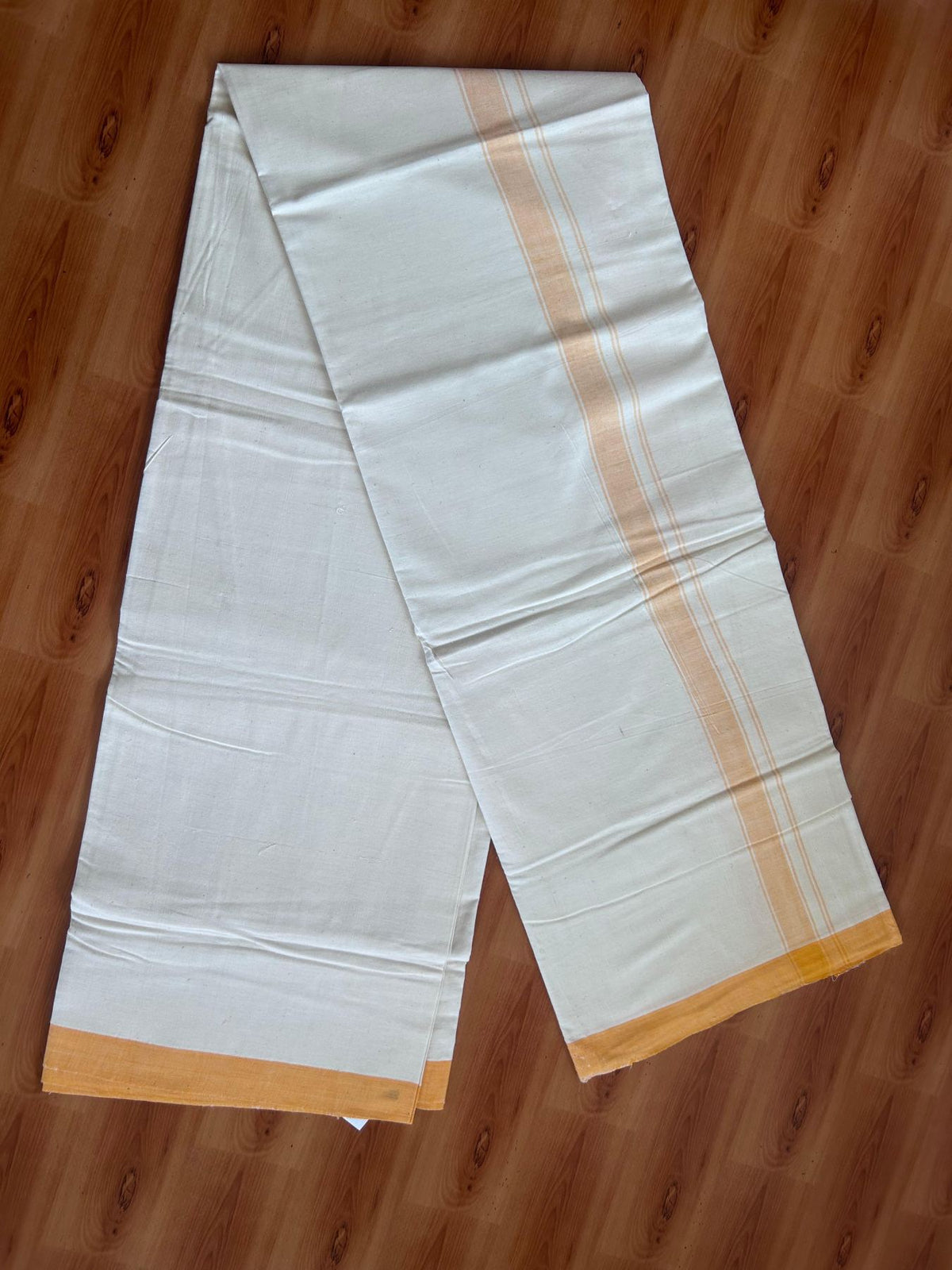 Kerala Handloom - Signature Kaitharikada - 100% Pure Cotton 2/60sx40s Thread - Off White Single Mundu / Dhoti - 1 inch Light Orange Shaded Striped Kara - (2 meter / 4 muzham) - 21 KK8080 KAL